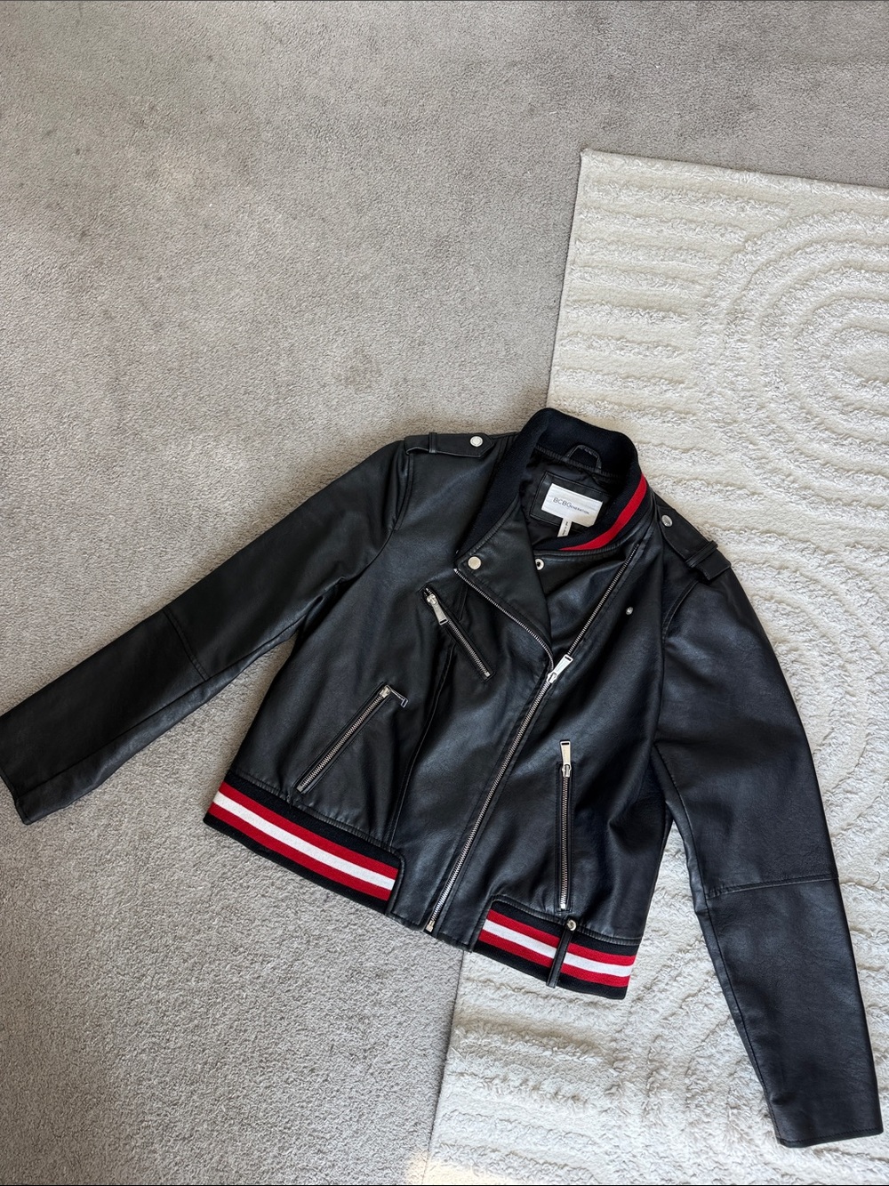 BCBG Black Leather Moto Jacket with Red & White Stripe Hem